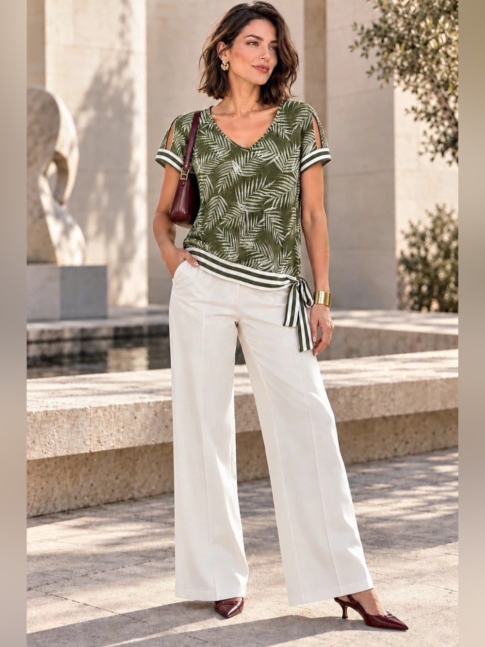 All in Love Olive Palm Leaf Split Sleeve Side Tie Top Size L